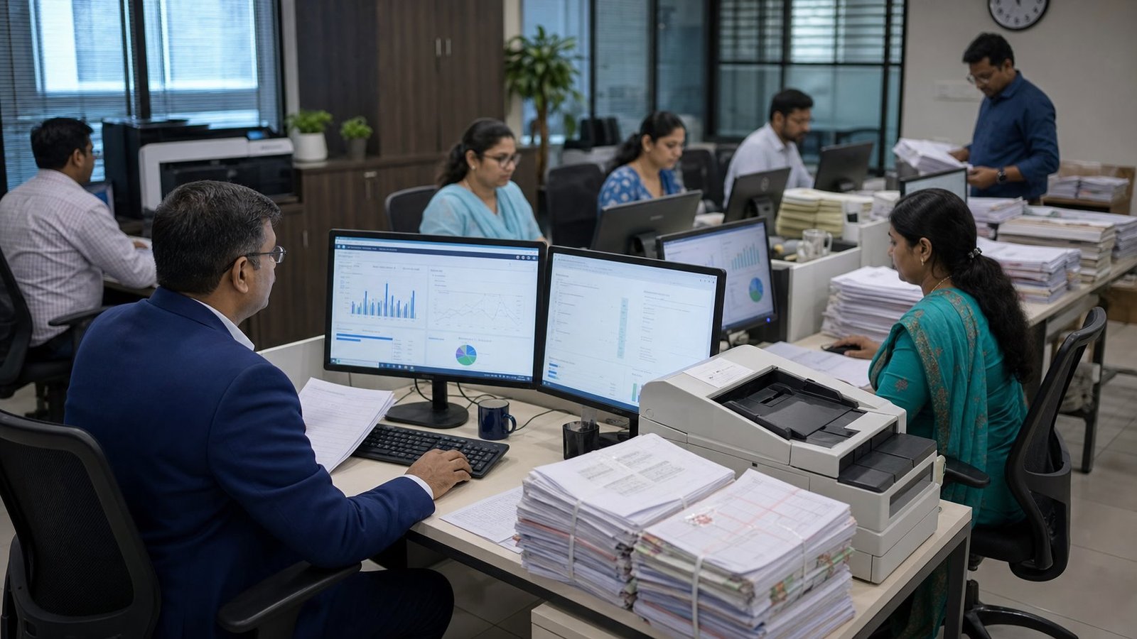 Illustration of digital valuation, exam checking, and result readiness